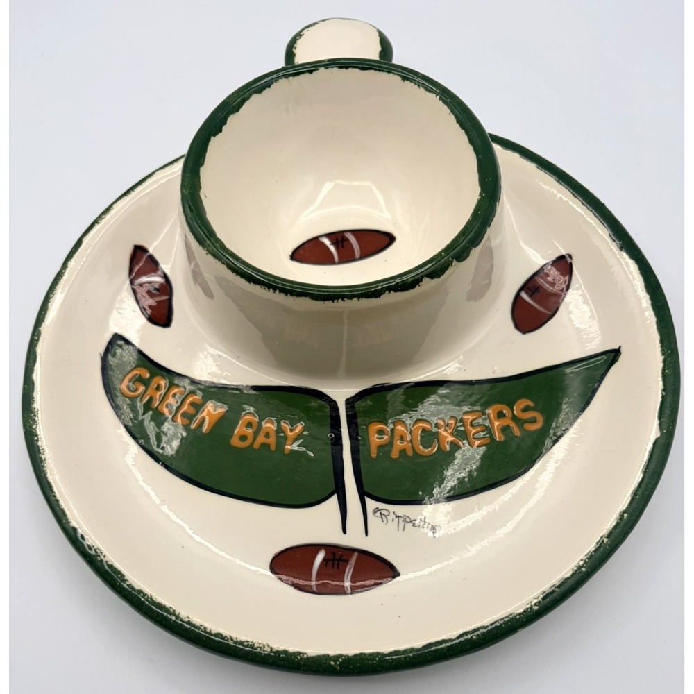 GREEN BAY PACKERS CHIPS AND DIP PLATE-GLASS -10" WITH HANDLE CERAMIC